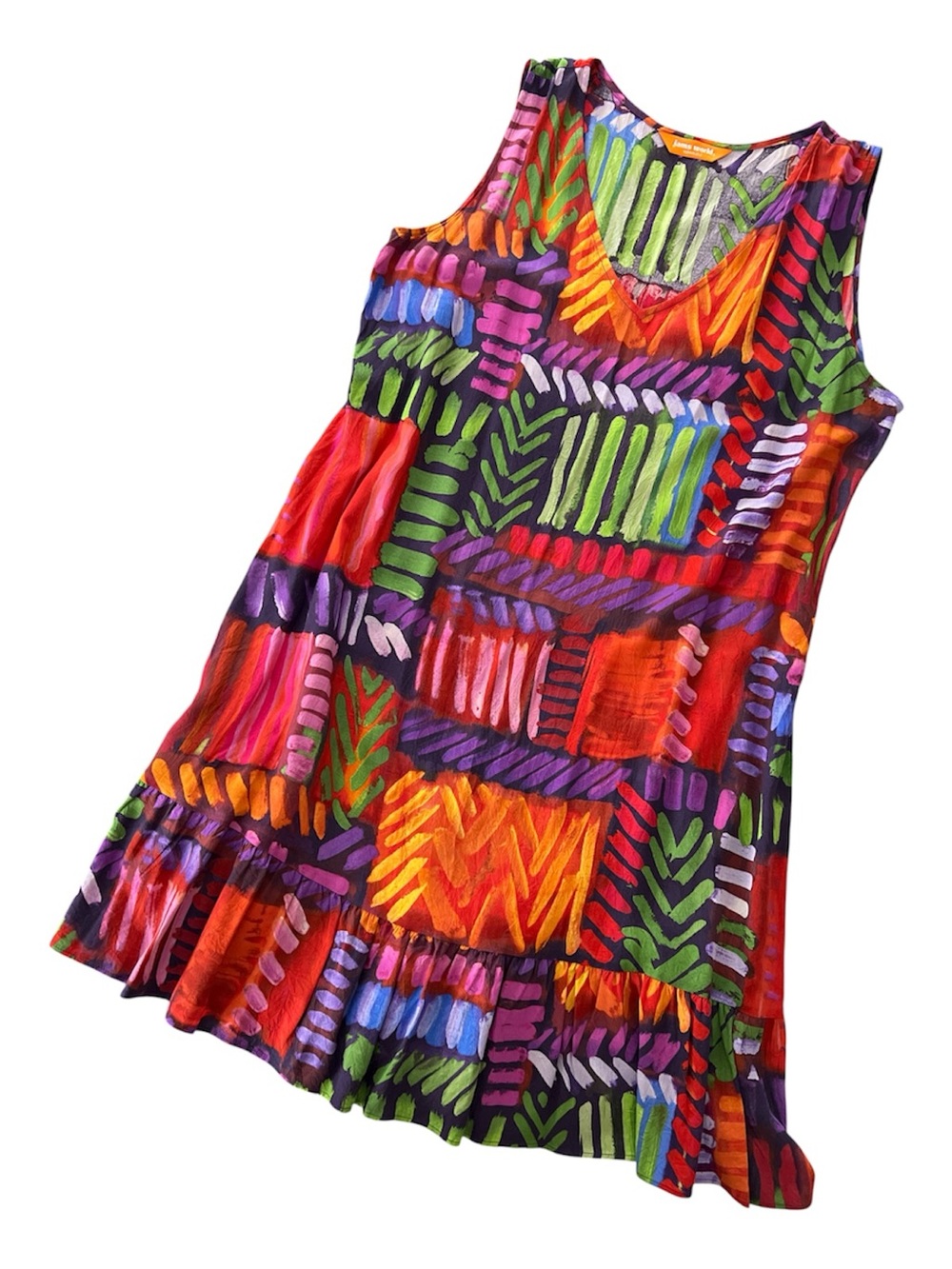 Vintage 90s Jams World Crossroad Print Flounce Hem V-Neck Tank Dress XL
